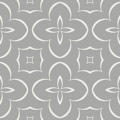 A seamless geometric pattern features a symmetrical floral design in white lines on a gray background. The pattern repeats consistently, creating a harmonious and elegant visual effect.