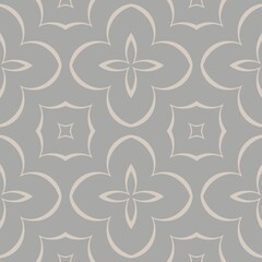 Soft beige lines form a repeating floral and geometric pattern against a muted gray background. Elegant curves and symmetrical shapes create a soothing and harmonious design.