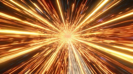Bright golden light bursts radiate outward in a dynamic, high-energy explosion resembling a starburst or warp speed effect.