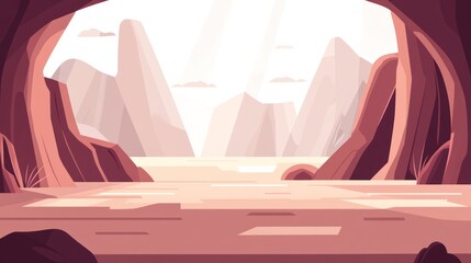 Abstract Desert Landscape with Cave Entrance and Distant Mountains in Soft Light