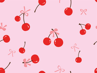 Seamless pattern with red cherry fruit and ribbon bows on pink background vector. Cute fruit print.