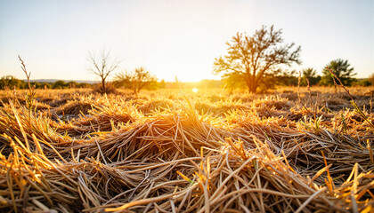 Dry grass landscape under midday sun, fire risk symbolism