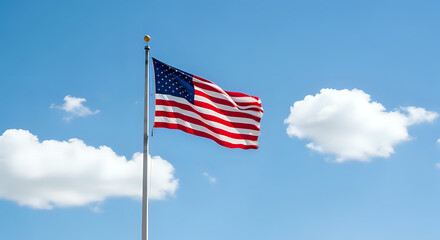 Obraz premium American flag waving on a pole against a blue sky with white clouds on a sunny day in the united states