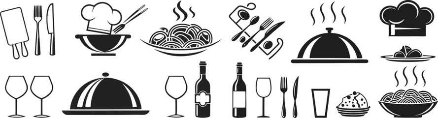 Modern Food Icons Set with Plate, Fork, Knife, Spoon – Minimal Cutlery Symbols for Restaurant Menu, Catering, and Tableware Logotypes

