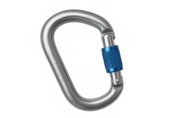 Metal carabiner with screwgate locking mechanism ensuring safety during climbing activities, isolated on transparent background