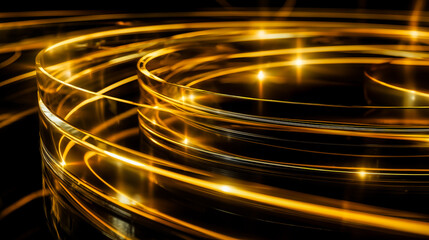 Futuristic geometric panels floating in the dark, golden illumination effects and minimal structure