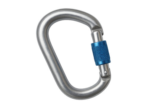 Metal carabiner with screwgate locking mechanism ensuring safety during climbing activities, isolated on transparent background