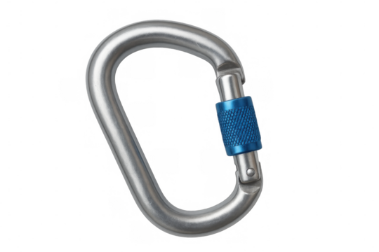 Metal carabiner with screwgate locking mechanism ensuring safety during climbing activities, isolated on transparent background