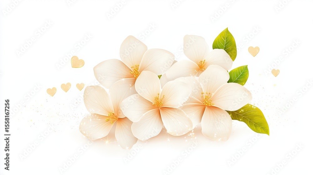 Poster magical cluster of vanilla flowers with subtle glowing edges and tiny he-shaped sparkles, drifting s