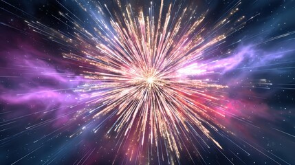 Fototapeta premium A vibrant cosmic explosion radiates colorful light beams, blending purple, pink, and yellow hues in a dynamic, energetic display against a starry deep-space background.
