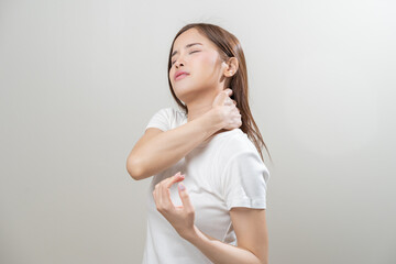 Pain body muscles stiff problem, asian young woman, girl painful with neck pain body ache from...