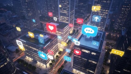 Night cityscape with glowing social media icons hovering above buildings, illustrating digital connectivity - Powered by Adobe