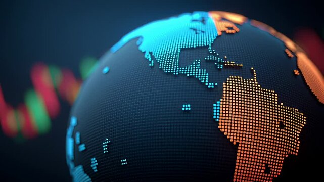 Digital globe illuminated with pixelated continents of South America, Africa, and Europe showcasing global technology, data trends, and economic - Powered by Adobe