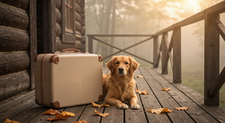 Golden Retriever dog lying next to a beige suitcase on a wooden porch in a foggy forest