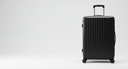 Fototapeta premium Sleek black suitcase with wheels against a minimalistic white background 