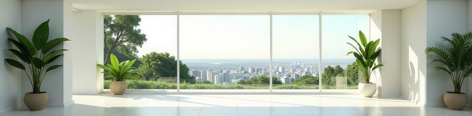 Sunlit minimalist white interior with abundant greenery and panoramic city views , minimalist, city view