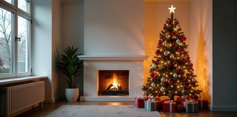 Tall decorated Christmas tree in living room, soft lighting , tinsel, winter