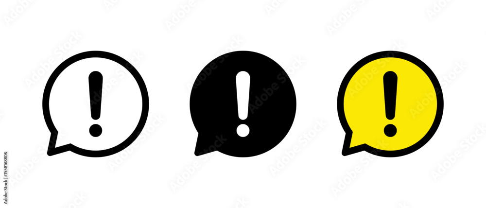 Poster alert message icon set. chat bubble with exclamation mark in different styles
