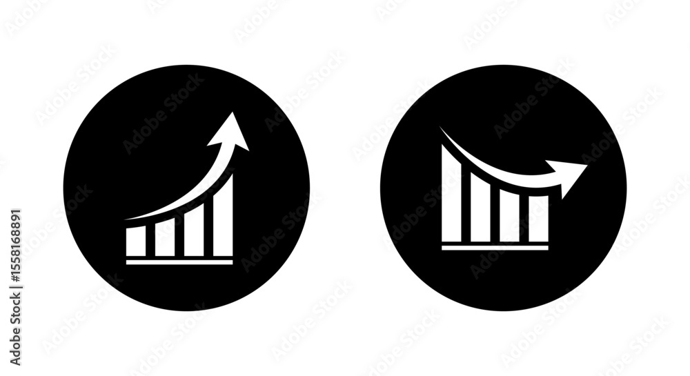 Poster growth and decline graph report icon. financial chart arrow up and down symbol on black circle