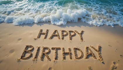 Fototapeta premium Happy Birthday written in the sand beach with ocean wave and tropical beach background. top view