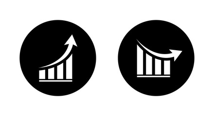 Growth and decline graph report icon. Financial chart arrow up and down symbol on black circle