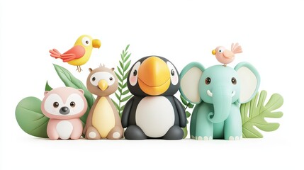Fototapeta premium Peaceful 3D illustration of a baby toucan with jungle friends--sloth, parrot, and elephant--styled in gentle nursery tones on a white background