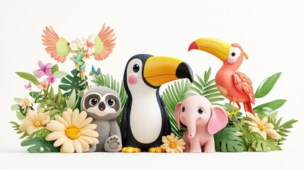 Fototapeta premium Peaceful 3D illustration of a baby toucan with jungle friends--sloth, parrot, and elephant--styled in gentle nursery tones on a white background