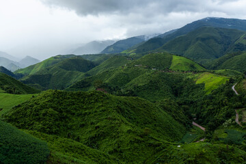 Landscape of Morning Mist with Mountain Layer. mountain ridge and clouds in rural jungle bush forest