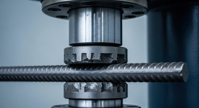 Precision industrial machine testing steel reinforcement bar strength and durability under extreme pressure in advanced manufacturing environment for quality control assessment