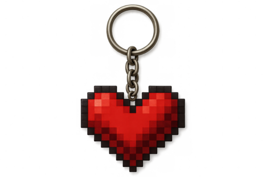 Pixelated red heart keychain dangling, symbolizing romantic connection and valentine's sentiment against transparent backdrop - Powered by Adobe