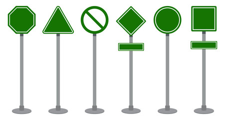 Vector set of traffic sign icons in various shapes including circle, triangle, square, octagon, and diamond on poles. Editable flat style for road safety or signage design. Icons, vector.