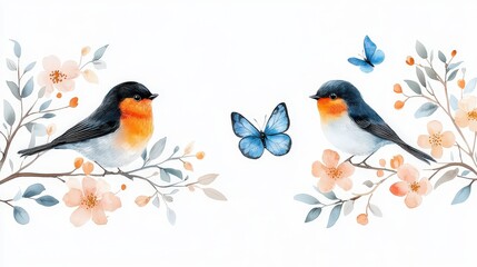 Peaceful Scandinavian birds clip art with soft watercolor strokes, blue-orange plumage, and a flitting blue butterfly
