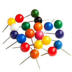 Colorful round push pins scattered on black background