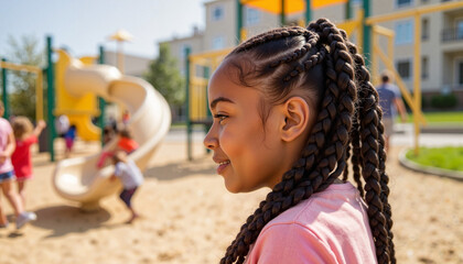 Young girl smiling at urban playground, joyful childhood moments