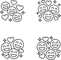 Collection of happy smiling emoji faces with hearts and sparkles in a line art style