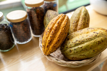 Cocoa beans and cocoa pod on a wooden surface.