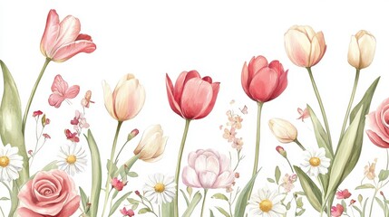 Fototapeta premium Romantic Valentines Day card design showcasing a dreamy watercolor garden of tulips, roses, and daisies, painted in muted soft colors for an elegant and hefelt feel