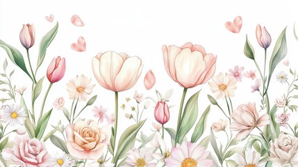 Fototapeta premium Romantic Valentines Day card design showcasing a dreamy watercolor garden of tulips, roses, and daisies, painted in muted soft colors for an elegant and hefelt feel