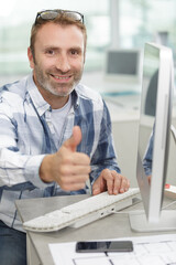 cheerful businessman thumbs up posing and smiling at camera