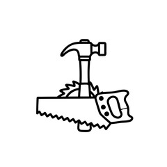 Hammer Saw Logo, Clean Vector Style Logo of a Hammer Over a Saw Blade, Black Outlines