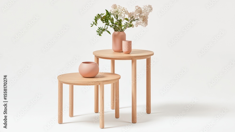 Poster scandinavian-style nesting tables made from light oak wood, arranged elegantly in descending order o