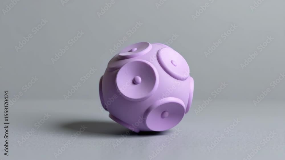 Poster a lavender geometric ball with raised circular patterns sits on a plain grey surface.