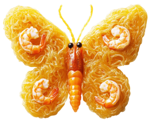 Butterfly made of Thai glass noodles with shrimp wings creates whimsical culinary art piece., isolated