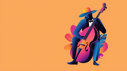 Simple minimalist jazz icon of a musician with double bass in vivid pink and purple tones, set against a clean light orange background, fun and istic