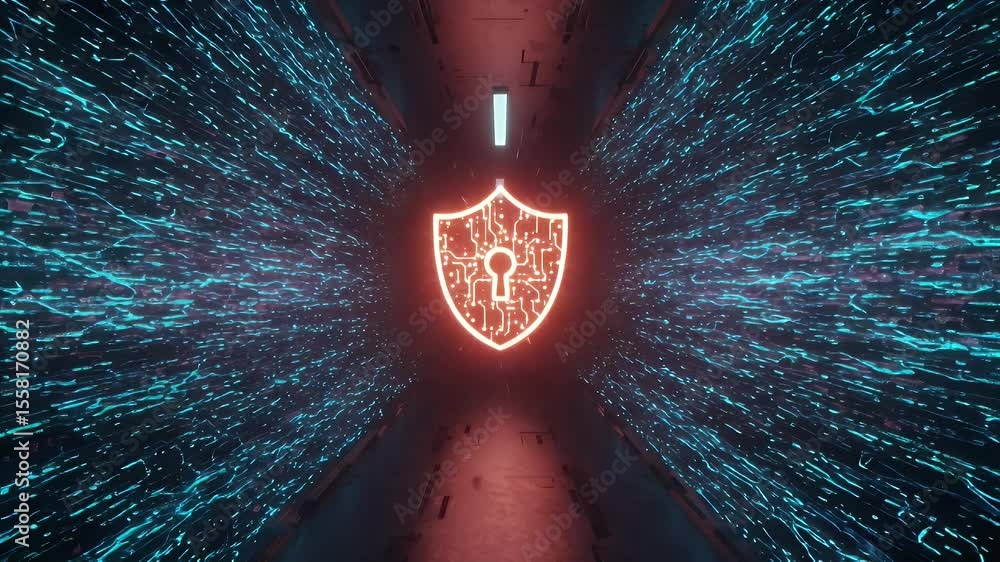 Poster neon shield with circuit board design in a tunnel-like space