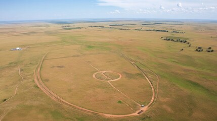 Aerial View of Circular Track in Vast Prairie Landscape Under Blue Sky