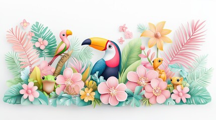 Fototapeta premium Soft pastel 3D jungle animals in an Amazon setting including a toucan, tree frog, and cubs, drawn with gentle contours on clean white