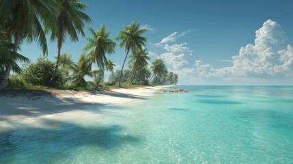 Paradise Island: A serene tropical beach scene, complete with clear turquoise waters, swaying palm trees and the soft white sand on a bright, sunny day.