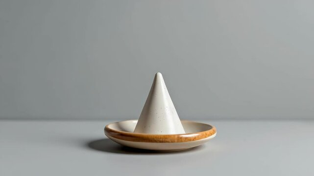 A ceramic citrus reamer with a conical center sits on a neutral surface against a grey background.
