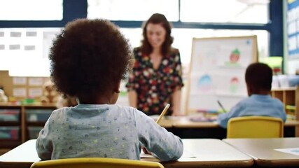 Children learning in classroom with female teacher and colorful decor - Powered by Adobe